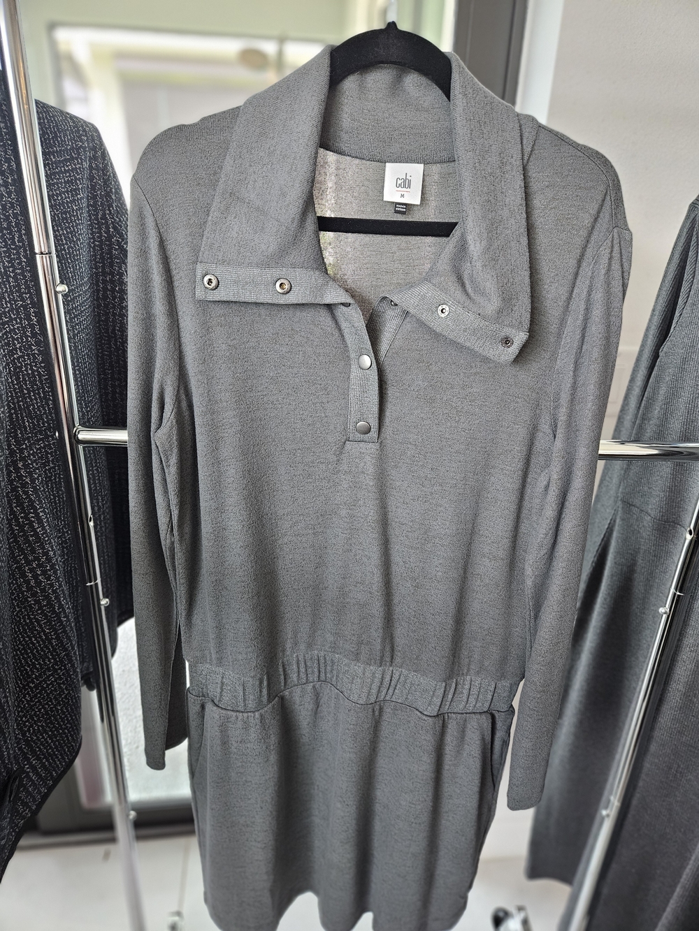 CAbi Haven Dress Grey Snap Cowl Neck Knit Pocket Sweater Dress, Medium